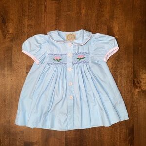 The Beaufort Bonnet Company Blue Dress with Pink and Green Flower Embroidery